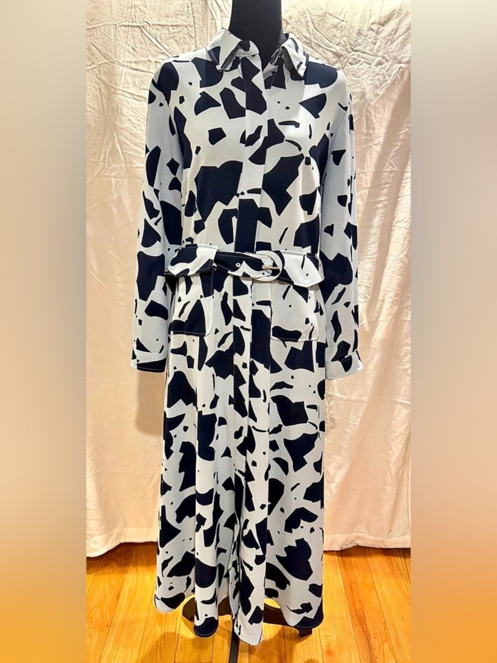 ALFANI Abstract Print Belted Maxi Shirt Dress